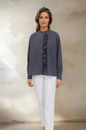 FLEUR RUFFLE SHIRT IN COTTON SLATE GREY
