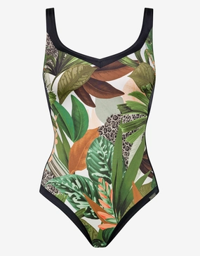 Floral Safari Shaped Neck Swimsuit - White Jungle tummy control swimwear women, slimming swimsuits