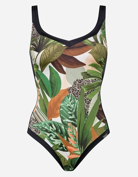Floral Safari Shaped Neck Swimsuit - White Jungle cup sized swimwear women, supportive swimsuits for large bust