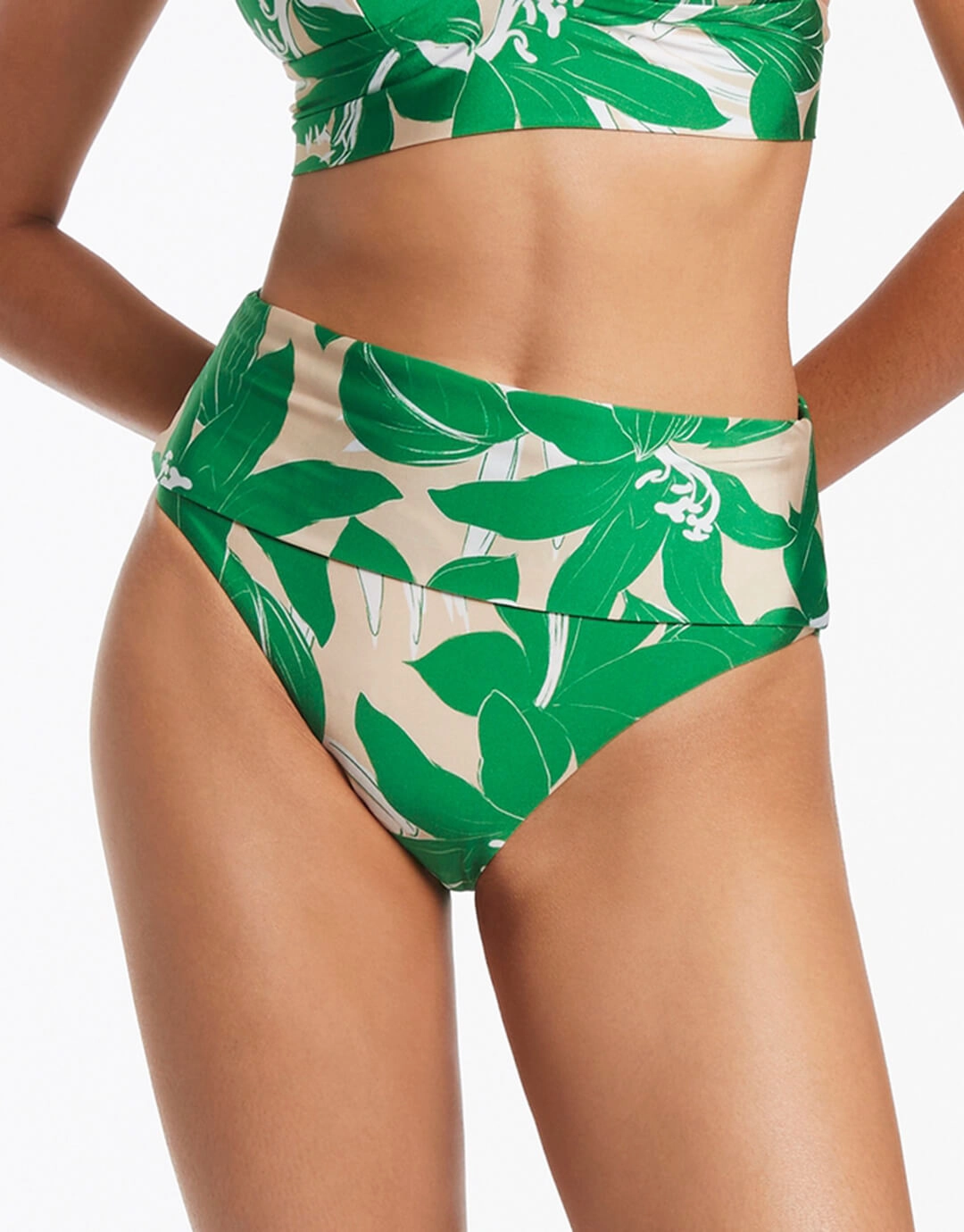 Floreale Fold Down Bikini Pant - Green adjustable swim bottoms women, flattering bikini bottoms
