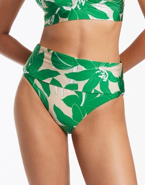 Floreale Fold Down Bikini Pant - Green adjustable swim bottoms women, flattering bikini bottoms