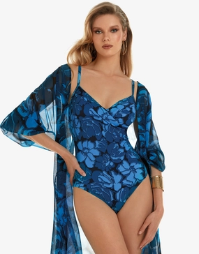 Floreale Underwired Wrap Swimsuit - Blue cup sized swimwear women, supportive swimsuits for large bust
