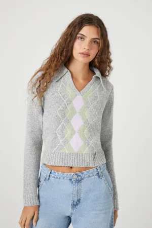 Forever 21 Knit Women's Argyle Cropped Sweater Grey/Multi Forever 21