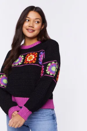 Forever 21 Knit Women's Floral Crochet Sweater Black/Multi Forever 21