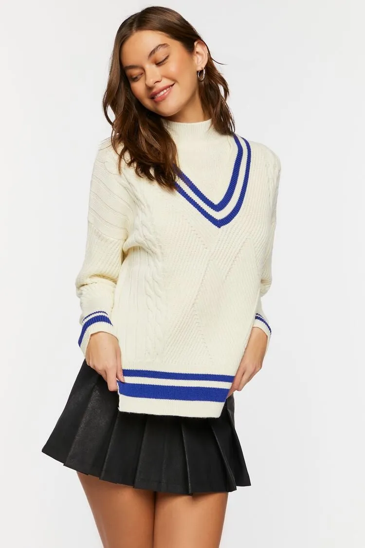 Forever 21 Knit Women's Mock Neck Varsity Sweater Cream/Blue Forever 21