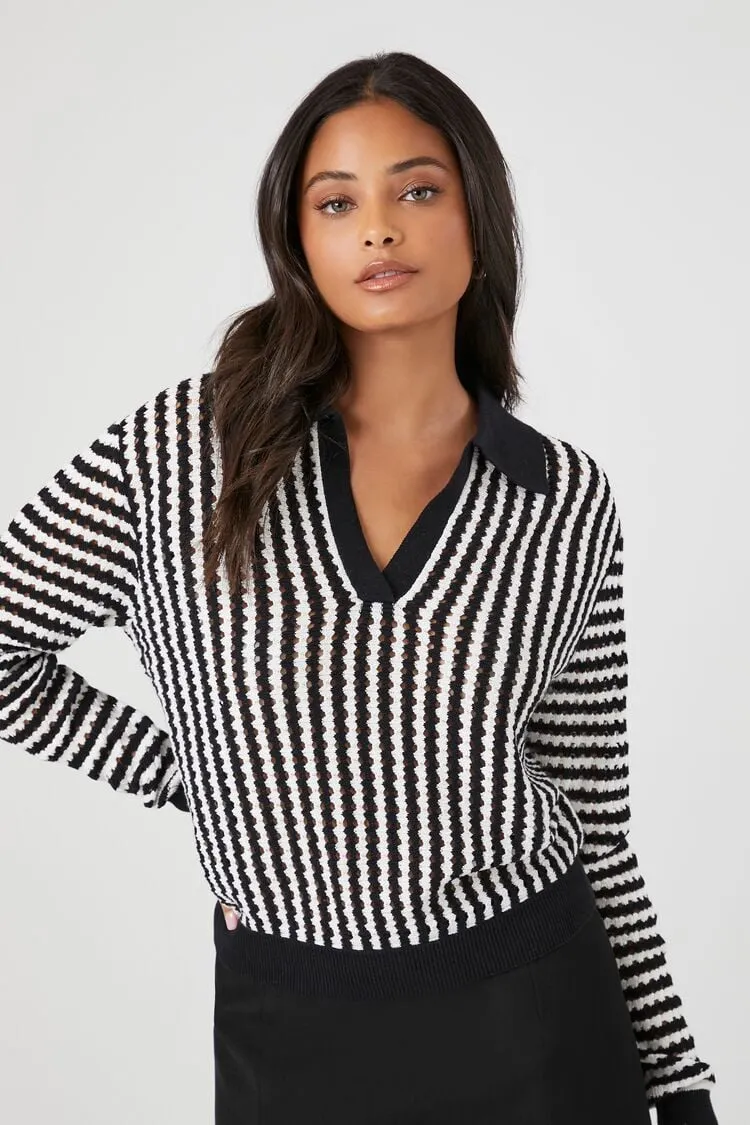 Forever 21 Knit Women's Striped Split-Neck Sweater Black/White Forever 21