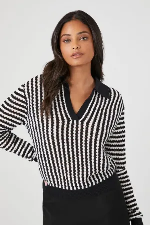 Forever 21 Knit Women's Striped Split-Neck Sweater Black/White Forever 21