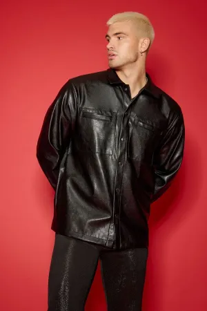 Forever 21 Men's Faux Leather/Pleather Drop-Sleeve Shirt Black Forever 21