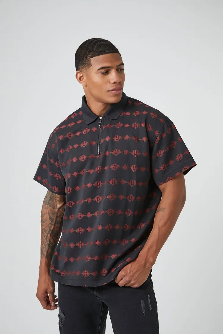 Forever 21 Men's Geo Print Quarter-Zip Shirt Black/Red Forever 21