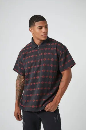 Forever 21 Men's Geo Print Quarter-Zip Shirt Black/Red Forever 21