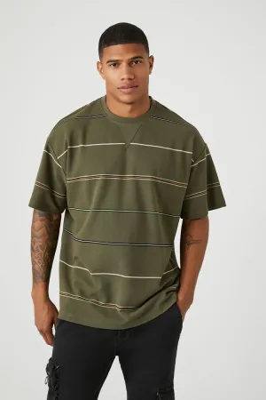 Forever 21 Men's Striped V-Notch Crew T-Shirt Olive/Multi Forever 21