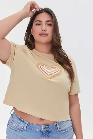 Forever 21 Plus Women's Crochet Heart T-Shirt Taupe/Multi Forever 21