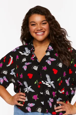 Forever 21 Plus Women's Floral Butterfly Print Shirt Black/Multi Forever 21