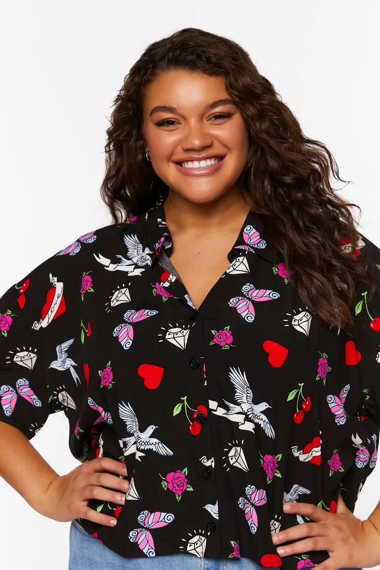 Forever 21 Plus Women's Floral Butterfly Print Shirt Black/Multi Forever 21