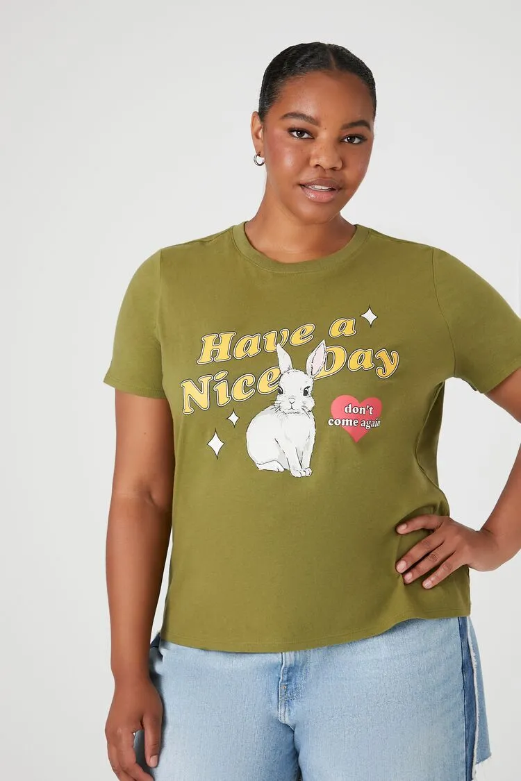 Forever 21 Plus Women's Have a Nice Day Graphic T-Shirt Olive/Multi Forever 21