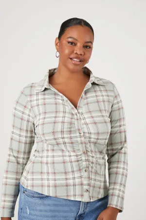 Forever 21 Plus Women's Ruched Plaid Shirt Sage/Multi Forever 21