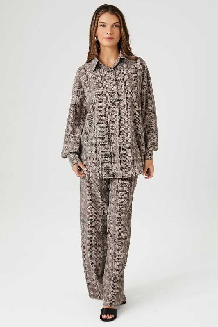 Forever 21 Women's Abstract Print Shirt & Pants Set Taupe/Black Forever 21