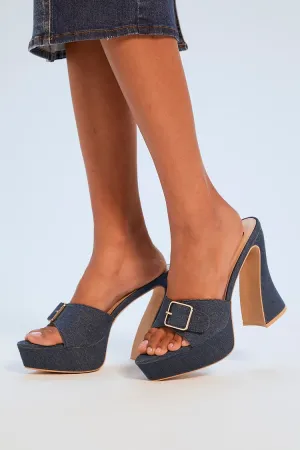 Forever 21 Women's Buckle Denim Flare Heels Blue Forever 21
