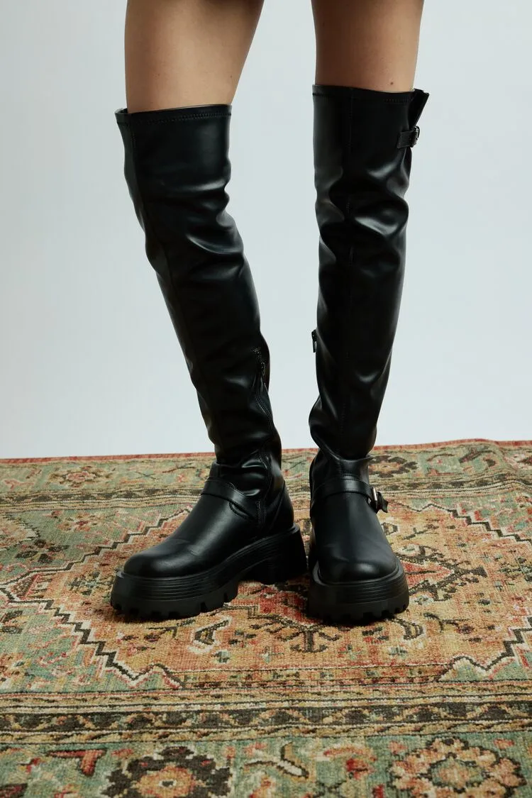 Forever 21 Women's Buckled Faux Leather/Pleather Knee-High Boots Black Forever 21