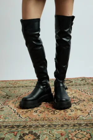 Forever 21 Women's Buckled Faux Leather/Pleather Knee-High Boots Black Forever 21