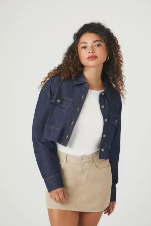 Forever 21 Women's Cropped Raw-Cut Denim Shirt Dark Denim Forever 21