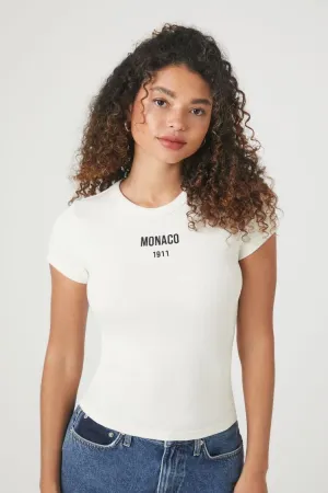 Forever 21 Women's Embroidered Monaco T-Shirt Cream/Black Forever 21