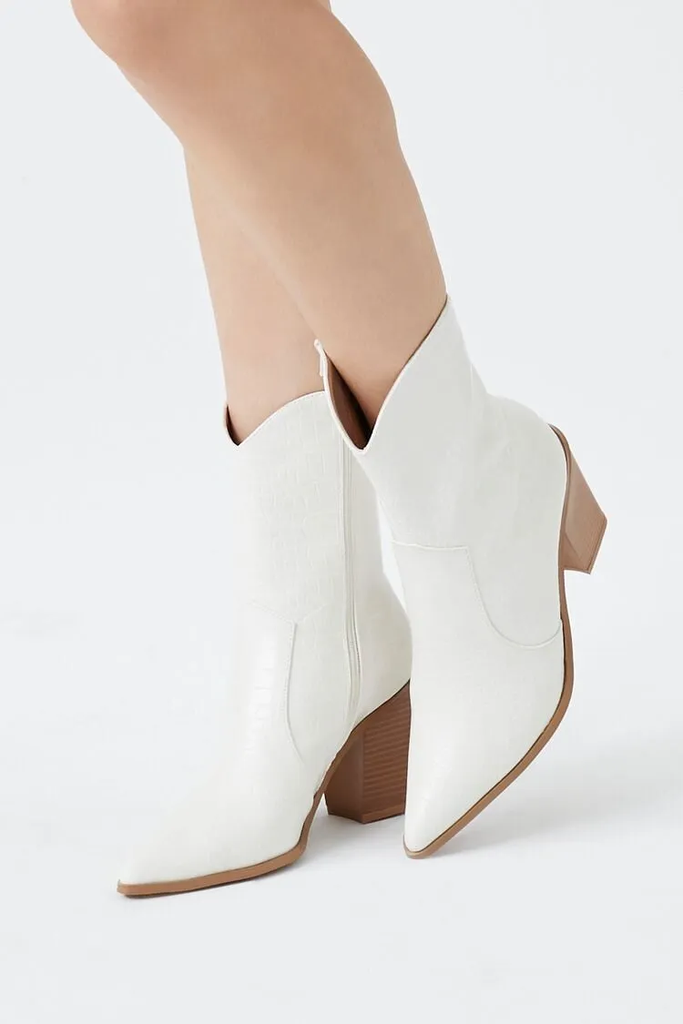 Forever 21 Women's Faux Croc Cowboy Boots White Forever 21