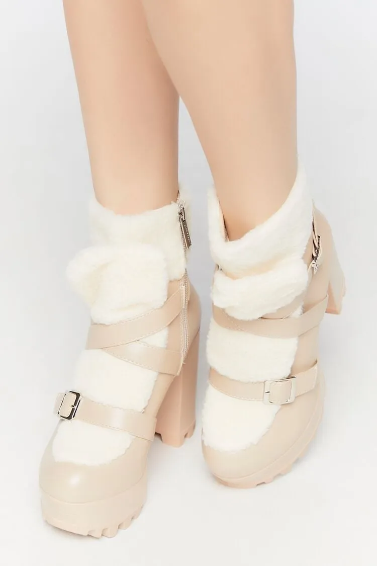 Forever 21 Women's Faux Leather/Pleather & Shearling/Sherpa Booties Nude Forever 21