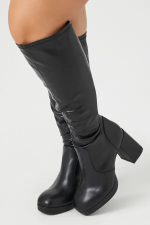 Forever 21 Women's Faux Leather/Pleather Block Heel Boots (Wide) Black Forever 21