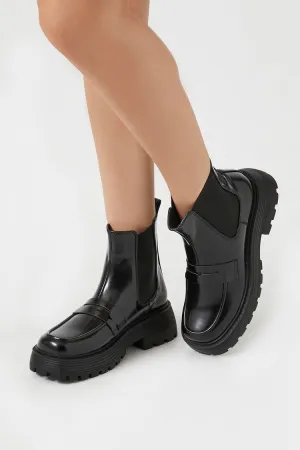 Forever 21 Women's Faux Patent Leather/Pleather Loafer Booties Black Forever 21