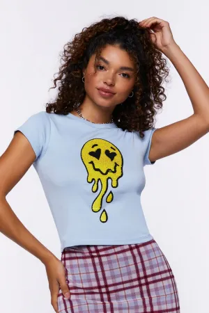 Forever 21 Women's Melted Happy Face Sequin Baby T-Shirt Blue/Multi Forever 21