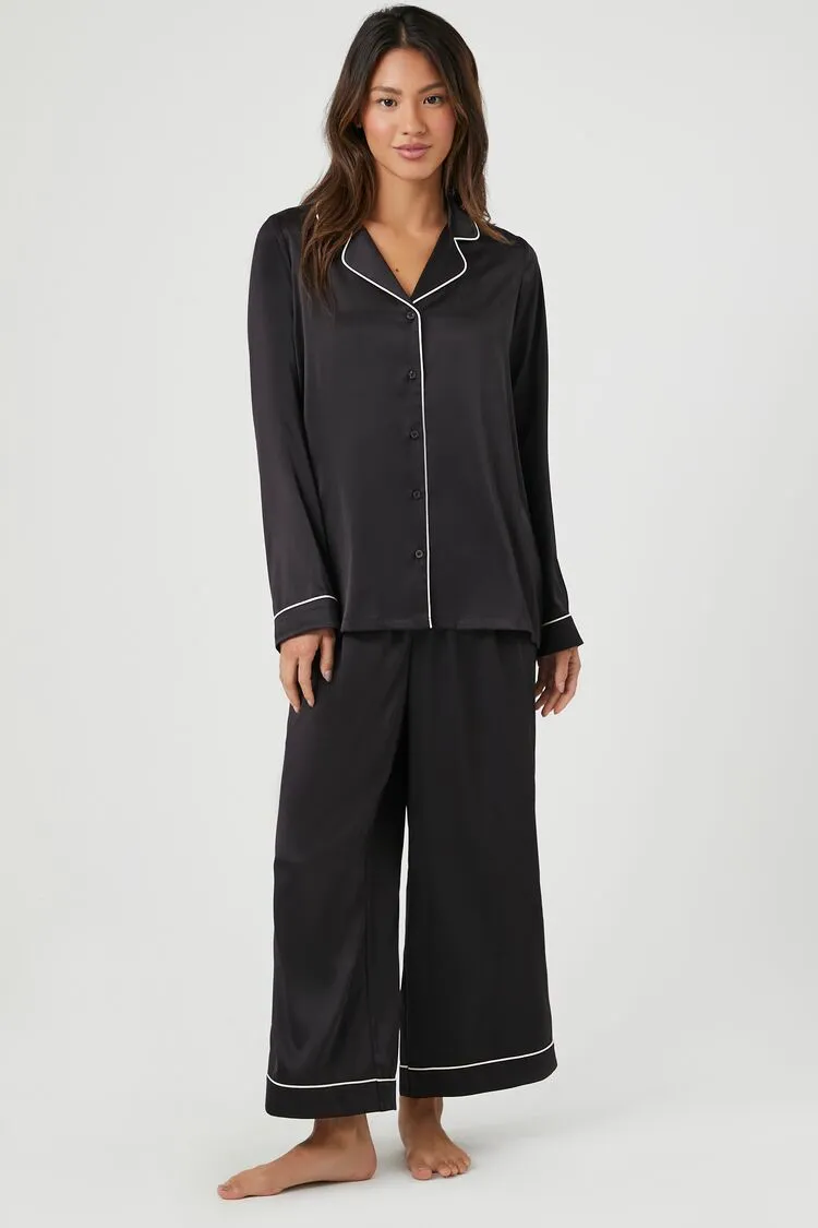 Forever 21 Women's Piped-Trim Shirt & Shorts Pajama Pants Black/White Forever 21