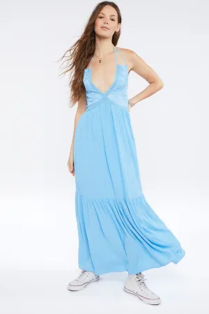 Forever 21 Women's Plunging Halter Maxi Long Dress Blue Water Forever 21