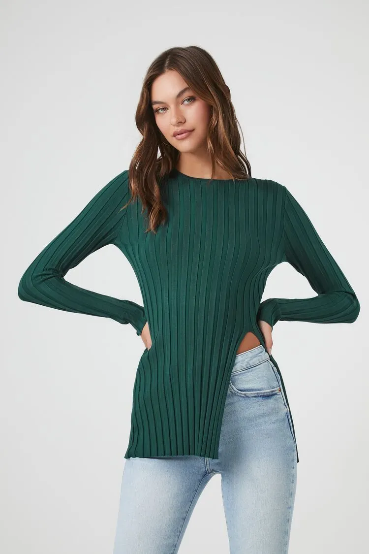 Forever 21 Women's Ribbed Knit Slit Sweater Emerald Forever 21