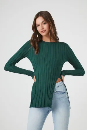 Forever 21 Women's Ribbed Knit Slit Sweater Emerald Forever 21