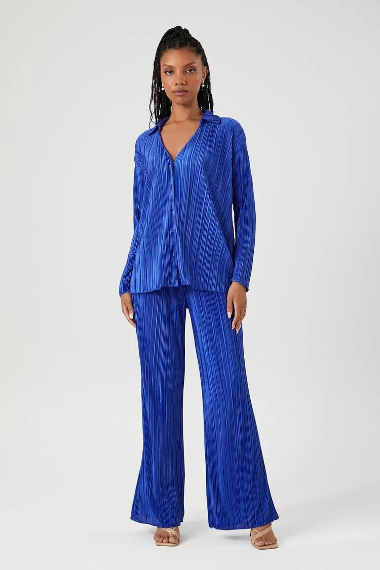 Forever 21 Women's Ribbed Long-Sleeve Shirt & Pants Set Royal Blue Forever 21