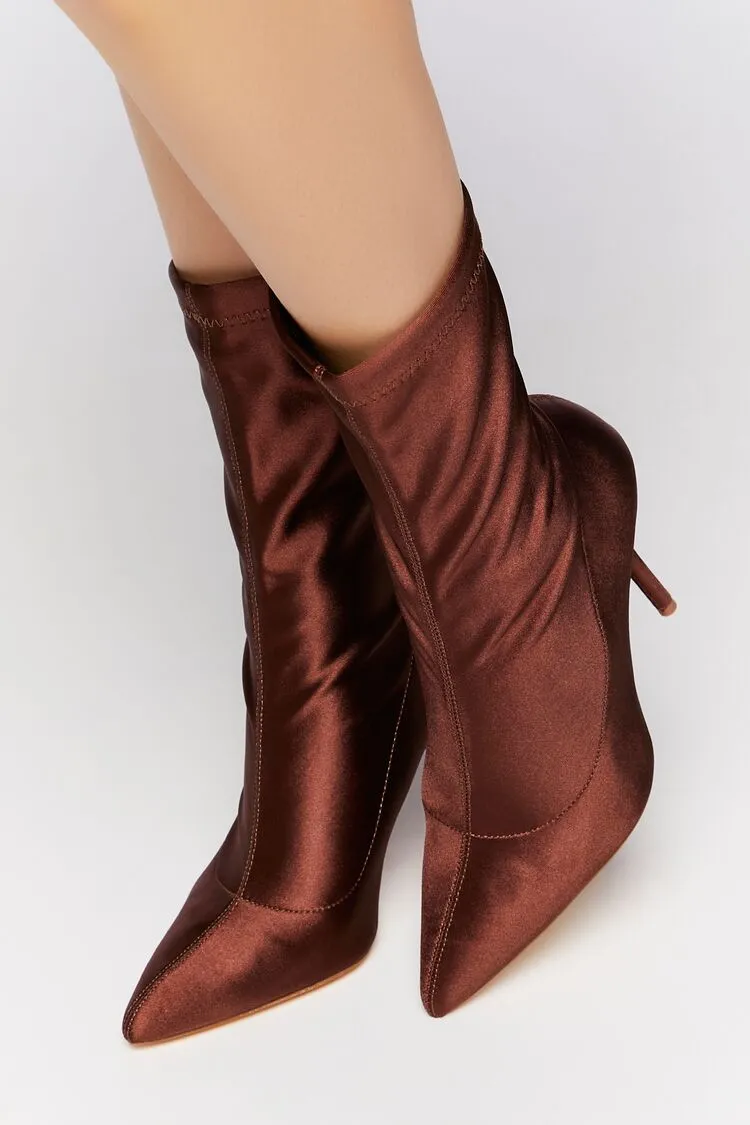 Forever 21 Women's Satin Stiletto Sock Booties Brown Forever 21