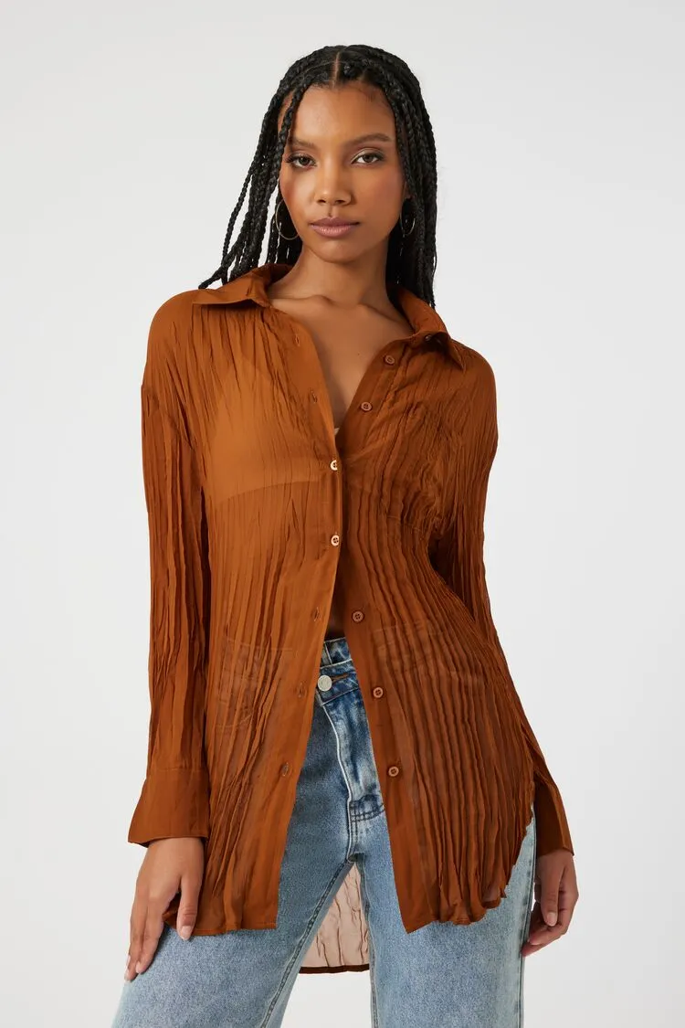 Forever 21 Women's Sheer Crinkled Oversized High-Low Shirt Brown Forever 21