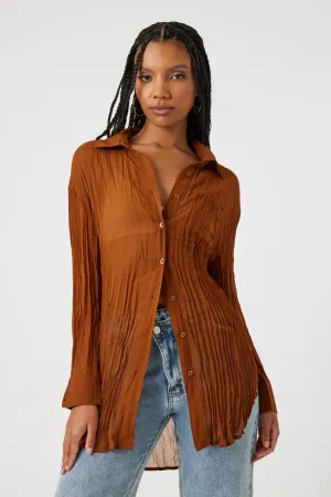 Forever 21 Women's Sheer Crinkled Oversized High-Low Shirt Brown Forever 21