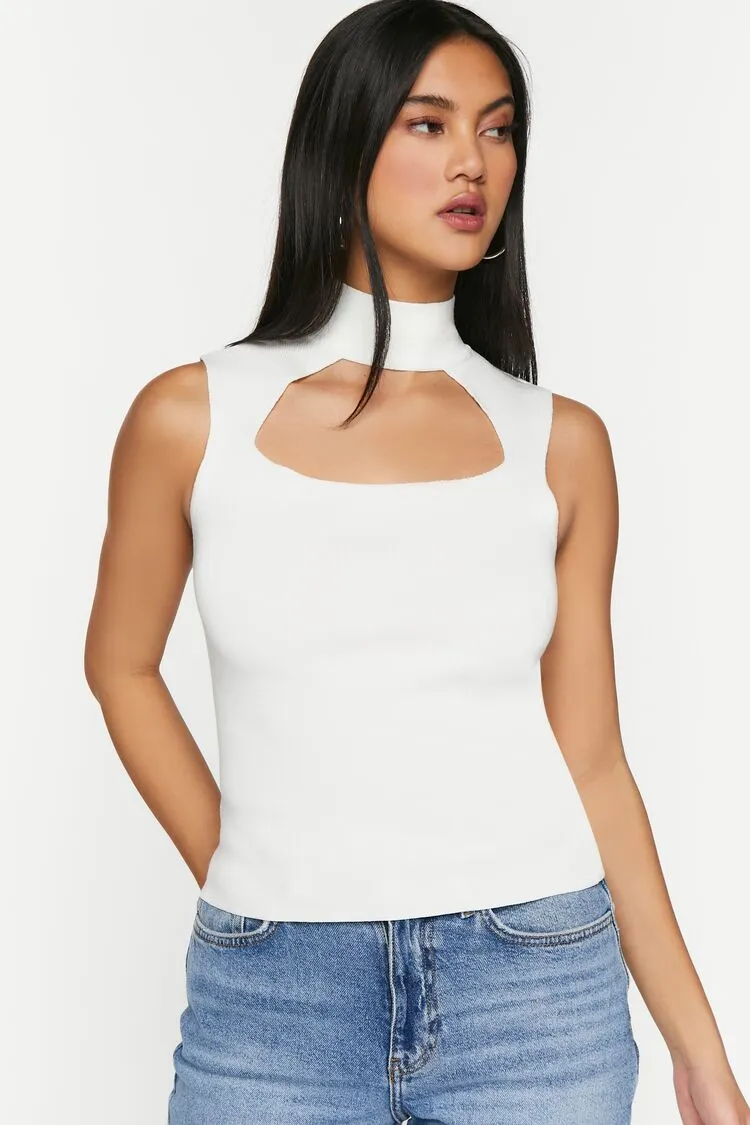 Forever 21 Women's Sleeveless Mock Neck Cutout Top Cream Forever 21