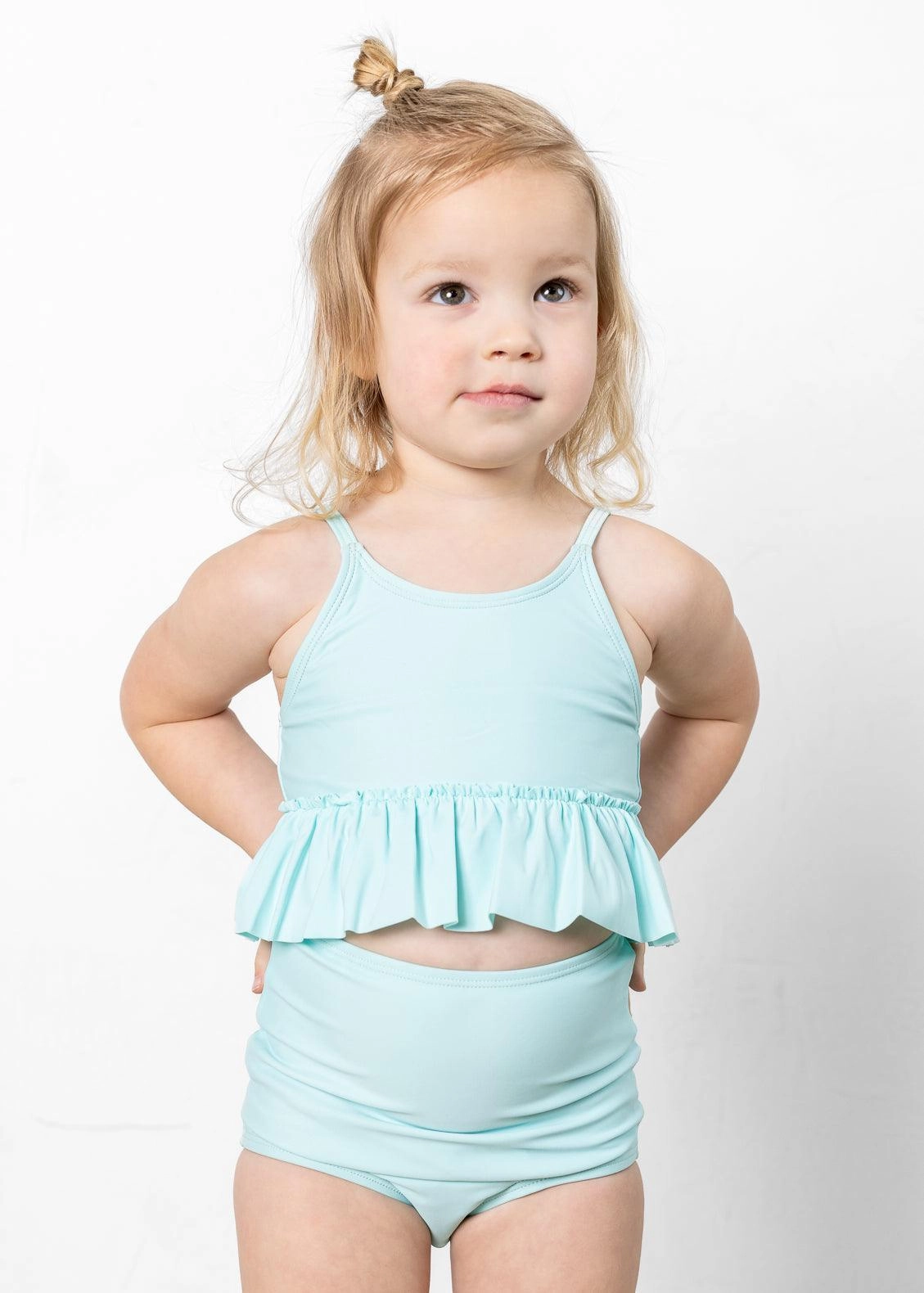 Fresh Mint | Mini High-Waisted Bottoms girls full coverage swimwear, kids swimwear for pool