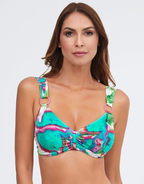 Frida Underwired Ring Bikini Top - Green Marble full coverage swim tops, cute bikini tops