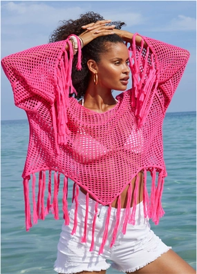 Fringe Crochet Cover-Up - Hot Pink plain swimwear women, minimalist swimsuits
