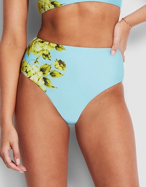 Full Bloom High Waisted Bikini Pant - Sky swim shorts for women, stretch fit swim bottoms