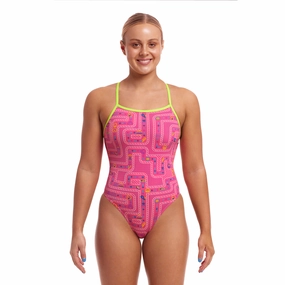 Funkita Packed Pink Tie Me Tight Ladies Swimsuit swim training suits women, performance one piece swimsuits