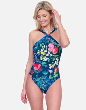 Garden Dream High Neck Swimsuit - Multi Navy high neck swimsuits women, modest high neck swimwear
