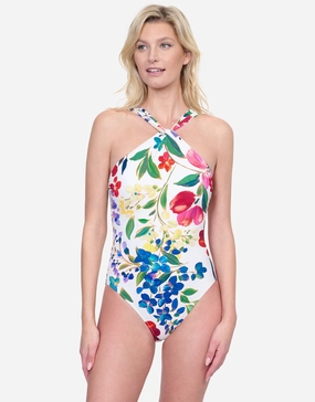 Garden Dream High Neck Swimsuit - Off White tummy control swimwear women, slimming swimsuits