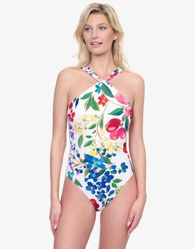 Garden Dream High Neck Swimsuit - Off White high neck swimsuits women, modest high neck swimwear