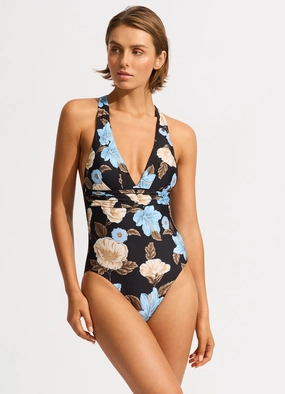 Garden Party Cross Back One Piece - Black slimming one piece swimsuits, fashionable one piece suits