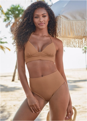 Gathered Triangle Top - Macchiato plain swimwear women, minimalist swimsuits